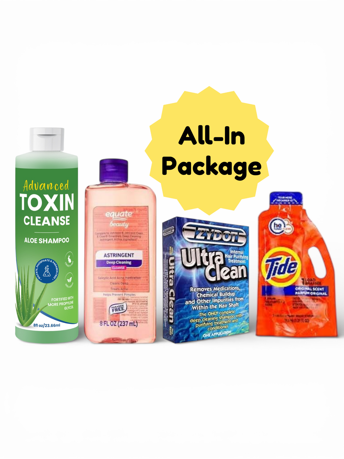 All-In Package - Advanced Toxin Cleanse Shampoo 8oz Bottle + Zydot Ultra Clean + Equate Astringent + Tide Detergent